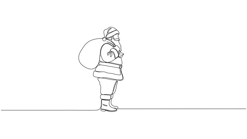 Continuous one line drawing of santa claus with a bag with gift greeting christmas icon in silhouette on a white background. Editable stroke