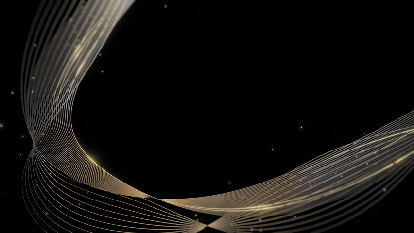 Luxurious golden wave lines on black background with glowing particles create a futuristic abstract design perfect for premium branding, digital presentations, or elegant themes.