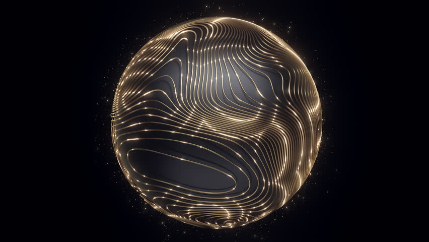 Futuristic glowing golden sphere with dynamic curved lines on black background, ideal for AI, innovation, luxury technology, metaverse design, and abstract digital concepts.