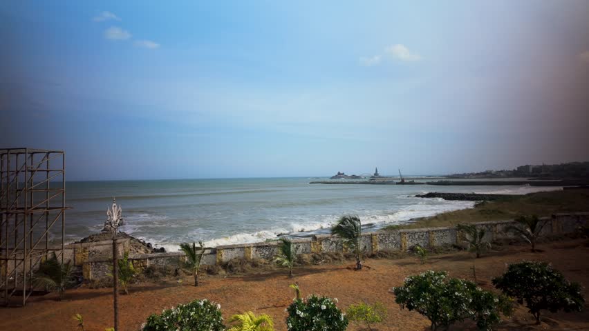 vivekananda rock memorial and thiruvalluvar statue seen from Tirumala Tirupati Devasthanams, Kanyakumari, Tamil Nadu, India.