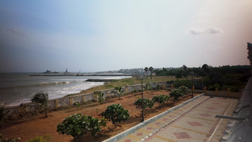 vivekananda rock memorial and thiruvalluvar statue seen from Tirumala Tirupati Devasthanams, Kanyakumari, Tamil Nadu, India.