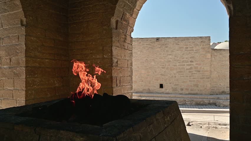 View of the flame in Atashgah Zoroastrian fire temple in Baku, Azerbaijan