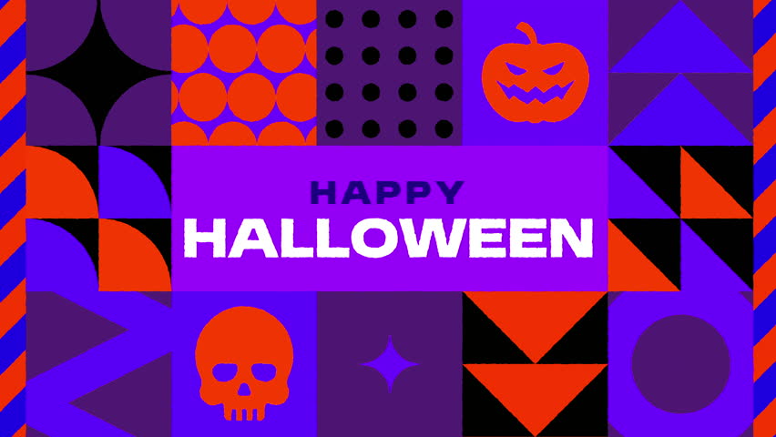 Happy Halloween greeting card animation with modern trendy abstract geometric pattern animation. Concept of Spooky, Terror, Fear, Creepy, Trick or Treat, Haunted. 4K Seamless Loop. 