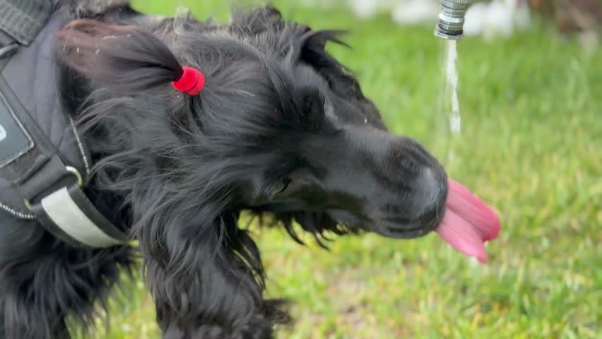 Black spaniel dog drinking water.