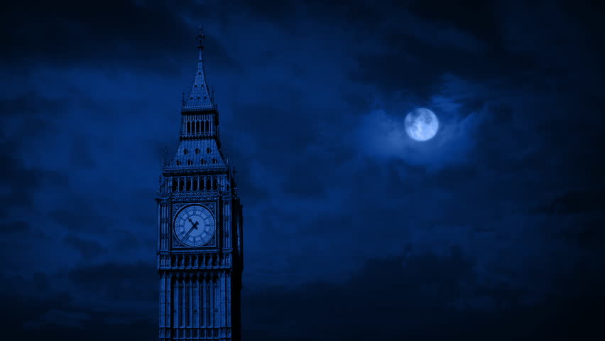 Big Ben Clock Tower At Night With Moon Above
