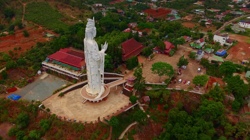 Aerial view of statue Linh An Pagoda near Elephant waterfall in Nam Ban Lam Dong province DaLat city, Vietnam..