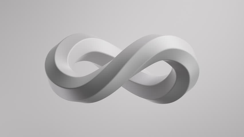 Seamless looping 3D animation of a white Möbius strip forming an infinity symbol. Futuristic abstract design, perfect for tech, science, and philosophical concepts
