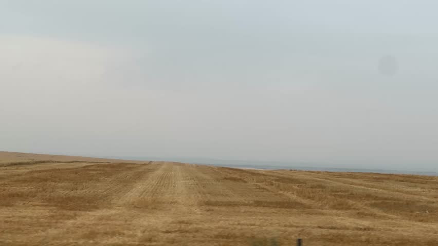 Driving through rural Alberta farmland with wide open agricultural fields, rustic fences, and prairie horizon views showcasing the peaceful countryside and farming lifestyle.