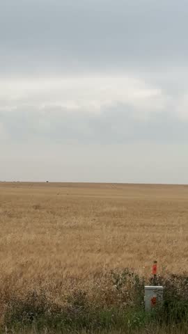 Driving through rural Alberta farmland with wide open agricultural fields, rustic fences, and prairie horizon views showcasing the peaceful countryside and farming lifestyle.