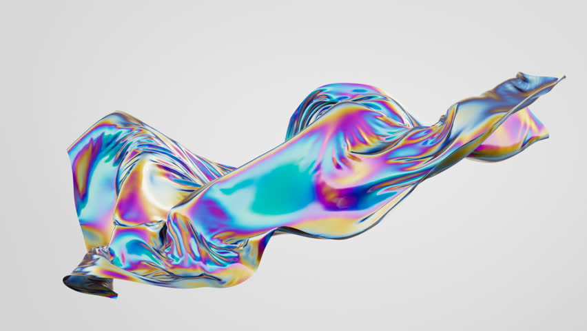 3d animation. Abstract minimalist fashion concept. Iridescent holographic cloth waving, isolated on a white background. Metallic foil film is floating in the air