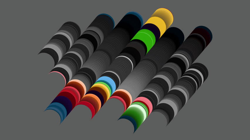 Cycled 3d animation. Abstract geometric pattern with overlapping colorful circles on a gray background, arranged in diagonal rows, creating a tube-like illusion with segmented colors. Hypnotic intro