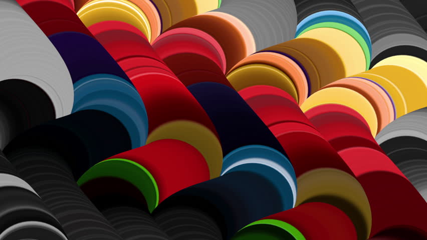 Cycled 3d animation. Abstract geometric pattern with overlapping colorful circles on a gray background, arranged in diagonal rows, creating a tube-like illusion with segmented colors. Hypnotic intro