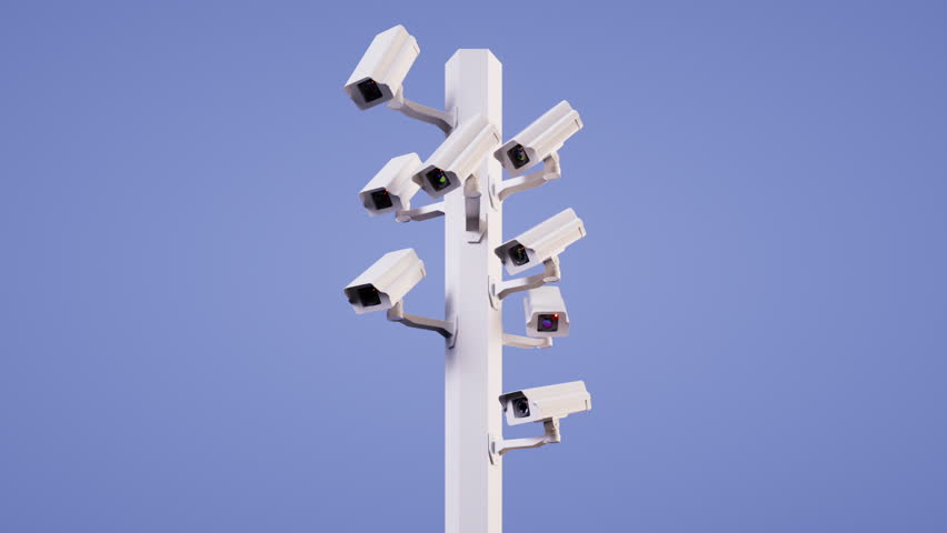 looped 3d animation. Multiple surveillance cameras mounted on a pole, randomly rotate and record video. Paranoid obsession with security