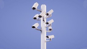 looped 3d animation. Multiple surveillance cameras mounted on a pole, randomly rotate and record video. Paranoid obsession with security - Powered by Shutterstock - Get 15% off with code: PIKWIZARD15