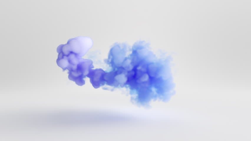 3D animation. Blue smoke cloud swirls chaotically on a white background, eventually dissolving and fading away. Fantasy morphing effect