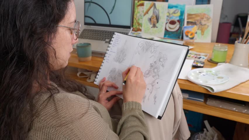 Talented graphic designer carefully sketching intricate plant designs in sketchbook while working from cozy home studio, natural light illuminating creative workspace