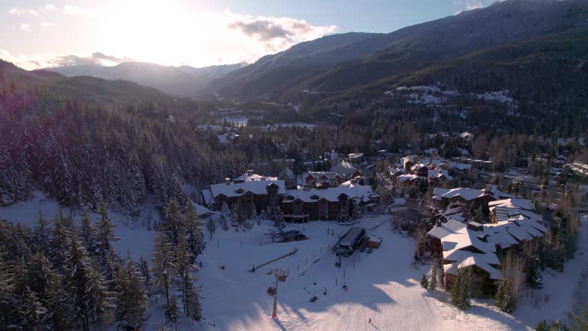 Whistler Creekside town aerial view at sunset, mountain village, ski resort, gondola. 4K 24FPS
