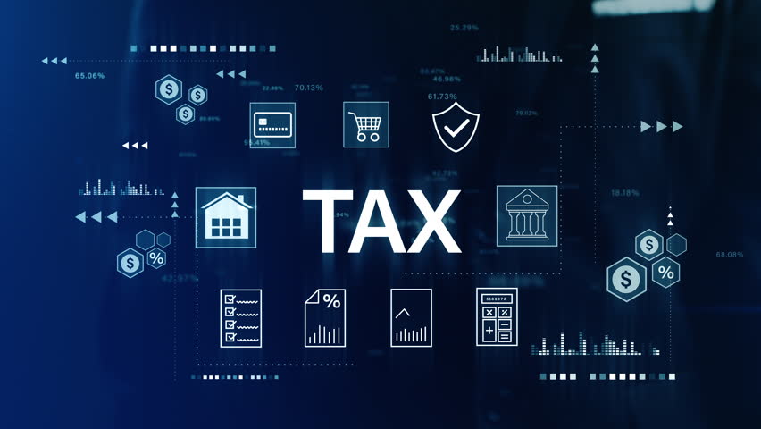 Digital tax and finance concept featuring business and data analytics icons on a blue background, ideal for financial content and tax related media.