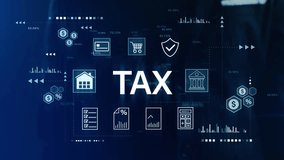 Digital tax and finance concept featuring business and data analytics icons on a blue background, ideal for financial content and tax related media. - Powered by Shutterstock - Get 15% off with code: PIKWIZARD15