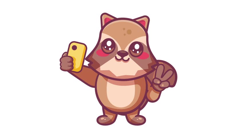smiling raccoon animal character mascot taking a selfie with a smartphone animated seamless loop