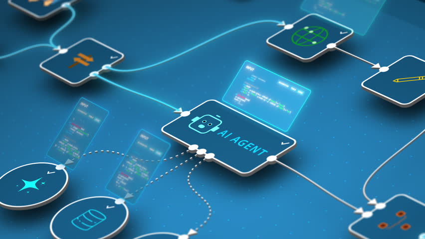 Closeup AI agent workflow with code input and automation process for machine learning system interface, looped animation