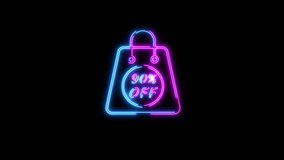 Neon shopping bag with 90 percent off text in pink and blue on black background Keywords: shopping bag, sale, discount, 90 percent off, percentage, offer, promotion, retail, commerce, shopping - Powered by Shutterstock - Get 15% off with code: PIKWIZARD15
