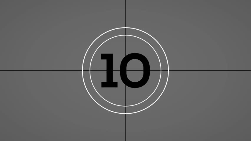 Classic film countdown timer 10 seconds starting count down displayed in a circle with white rings on a gray background
