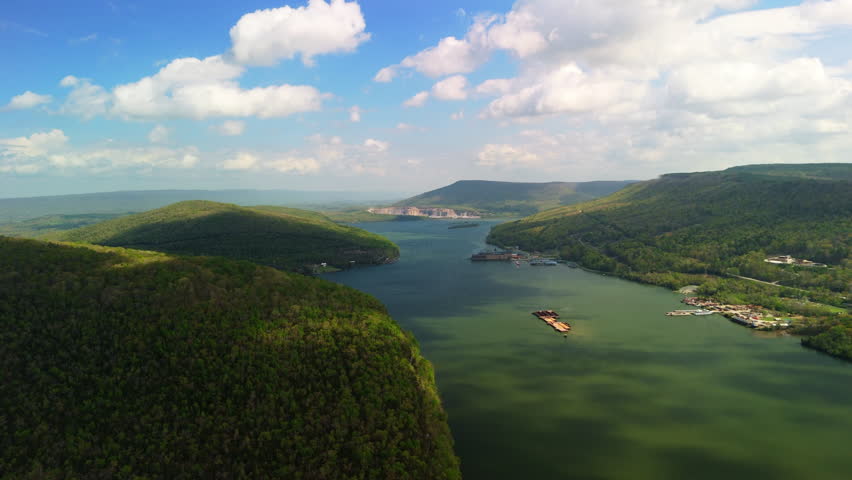 An aerial view of Tennessee River on Marion County Park near Chattanooga on a sunny day in Tennessee, USA