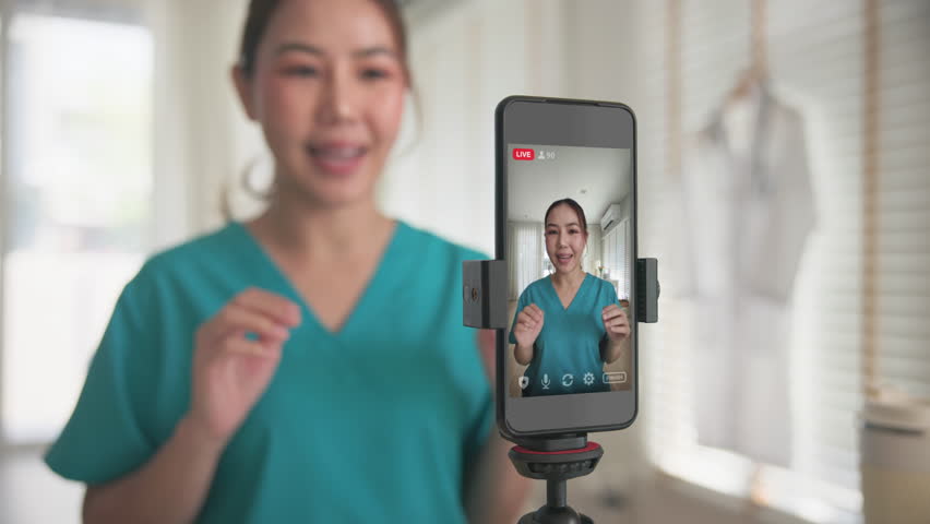 Young adult woman asia Gen Z people anti aging expert modern nurse live talk viral video selfie camera on mobile phone app mental health care. Online sharing digital virtual asian vlogger filming.