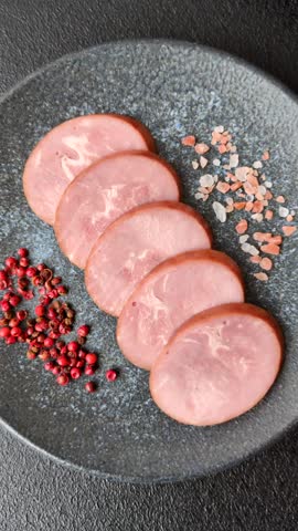 Sliced ham, meat, pork or turkey sausage for sandwiches. Ham slices, food, background for your design