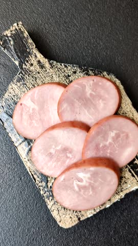 Sliced ham, meat, pork or turkey sausage for sandwiches. Ham slices, food, background for your design