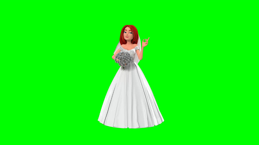 3D bride character on green screen performing various talking gestures, perfect for wedding projects, explainer videos, presentations, and creative video production needs.