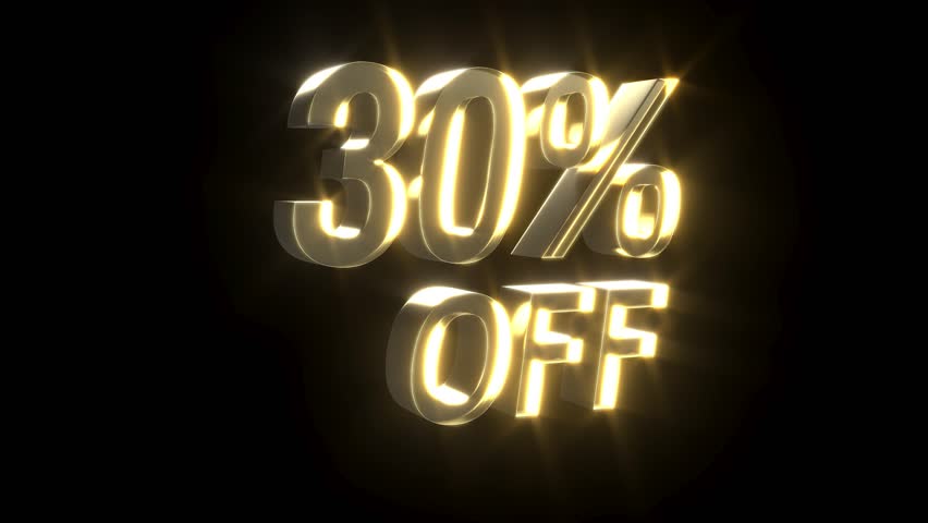 Gold text 30 percentage off rotate endless 4k. 3D Illustration
