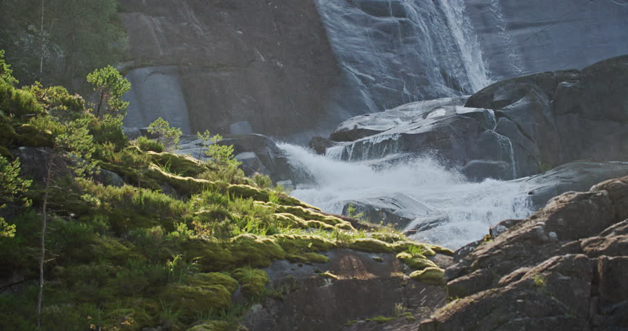 Langfossen Waterfall over Mossy Rocks, Akrafjorden Norway