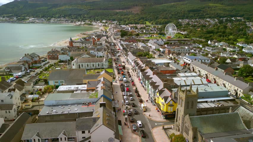 Advancing aerial video of Main Street in Newcastle, County Down, Northern Ireland. Produced in 4K, 60FPS and with Rec709 color.