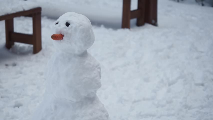 Snowman stands proudly in a snowy park during winter season