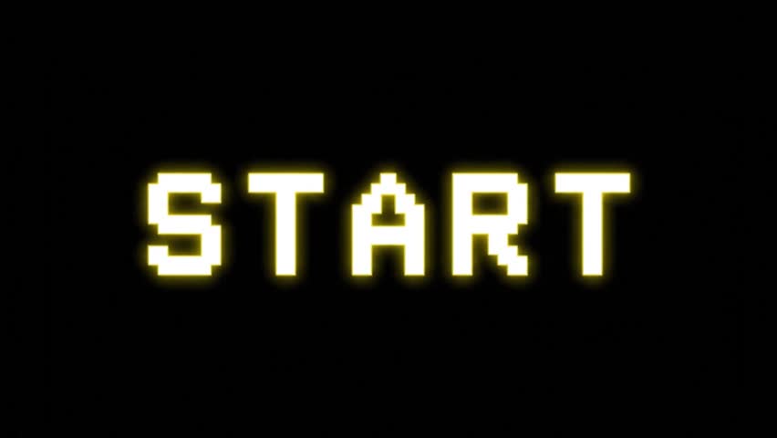 Pixelated 8-bit glowing text animation of the word START appearing letter by letter on a black background, retro arcade intro style with nostalgic video game aesthetic, perfect for gaming projects	
