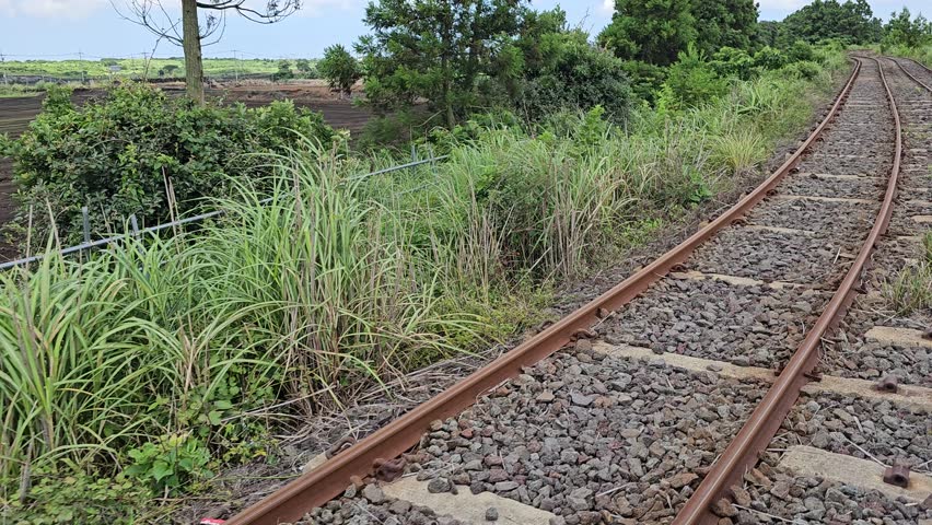 A video showing the blue sky and clouds along the railroad track