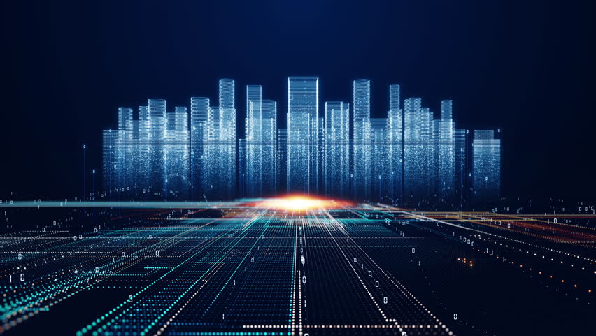 Futuristic smart city skyline with glowing digital buildings, cyber connections, and streaming data. Ideal for AI, IoT, big data, cloud computing, blockchain, and sustainable urban technology concepts