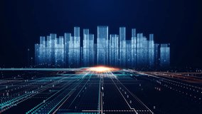 Futuristic smart city skyline with glowing digital buildings, cyber connections, and streaming data. Ideal for AI, IoT, big data, cloud computing, blockchain, and sustainable urban technology concepts - Powered by Shutterstock - Get 15% off with code: PIKWIZARD15