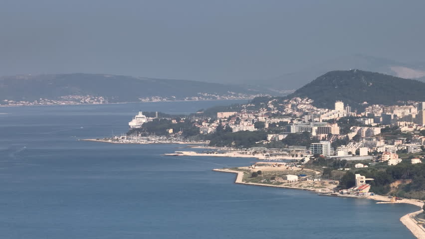 Aerial View of Split Croatia Coastline with Cruise Ship and Marina