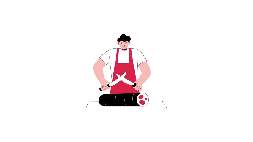 A hand drawn animated illustration showing a person cutting meat 
