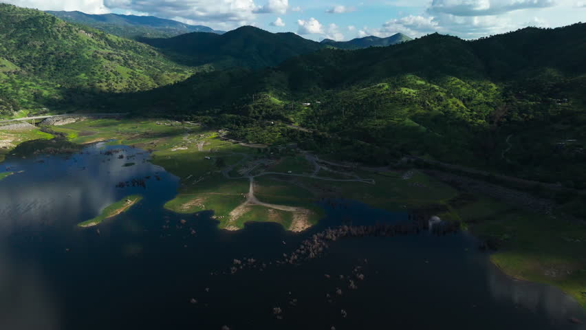 Lake Kaweah California Shore with Roads and Green Hills Drone View