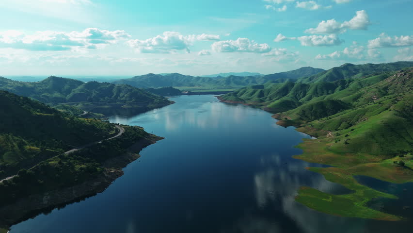 Blue Water Lake Kaweah Surrounded by Rolling Hills Drone Shot