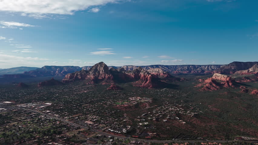 Sedona City and Red Rock Mountains Drone Aerial View