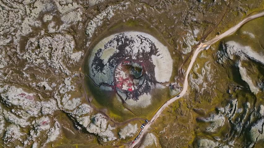 Aerial drone fly over view of Stútur Crater in Iceland. Dramatic landsape.