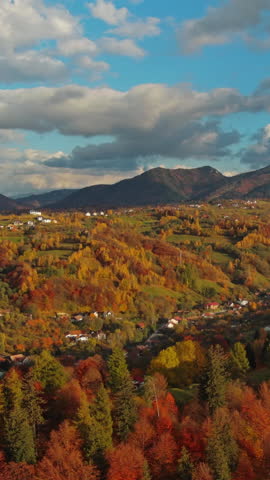 Autumn in Transylvania. Rural aerial landscape at sunset in the Carpathians mountains, Romania. Vertical video