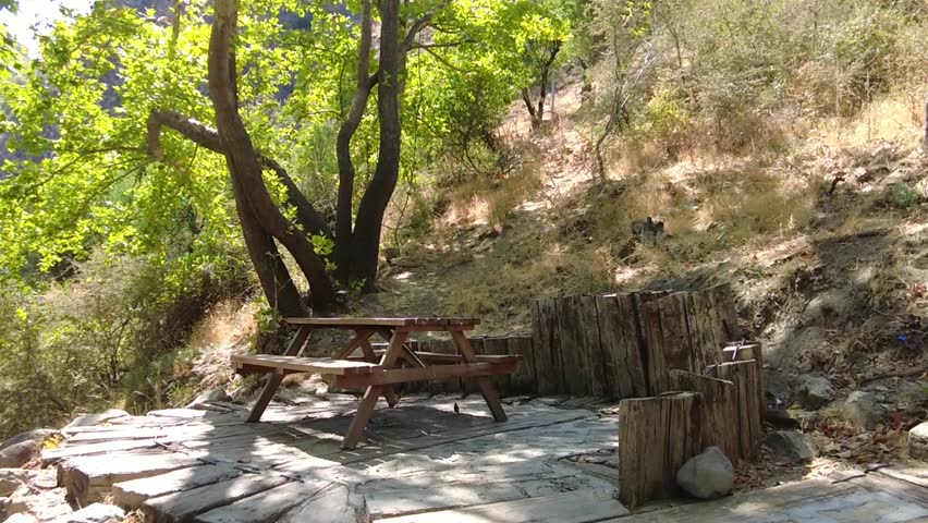 A great place to rest with a table and benches in a natural park for the weary traveler.