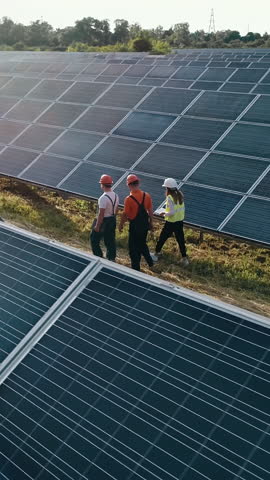 Engineers in safety gear inspect a solar panel array, emphasizing renewable energy and sustainable practices. Vertical video.
