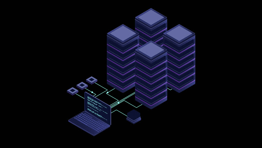 Database servers animation. Server room data center. Hosting server isometric. Isometric technology. Transparent background with alpha channel - Powered by Shutterstock - Get 15% off with code: PIKWIZARD15